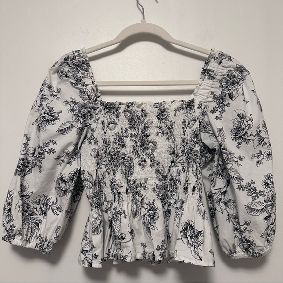 RACHEL PARCELL black and white romantic floral smocked puff sleeve top size 0 - Picture 4 of 5